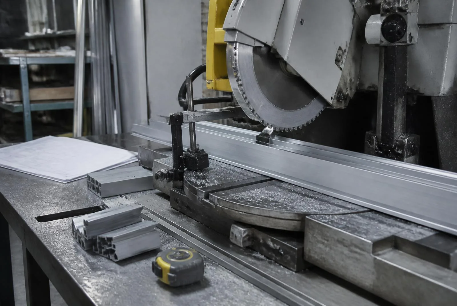 Aluminum extrusion machined on a shop saw against approved shop drawings