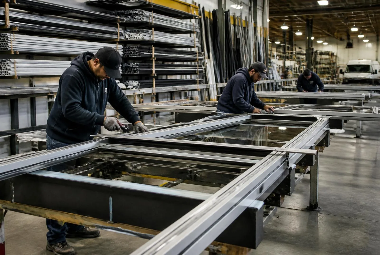 Aluminum glazing components being fabricated on a shop floor