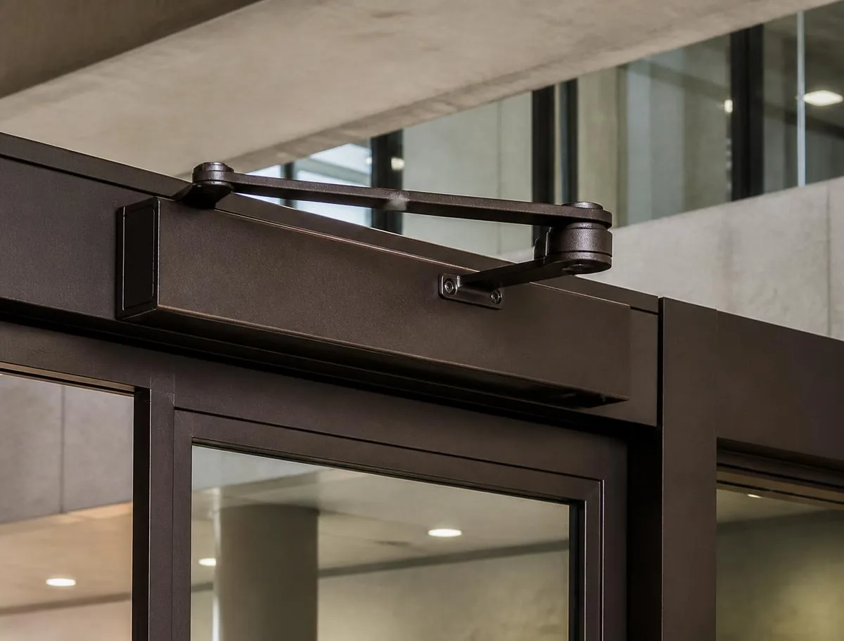 Surface-mounted commercial door closer on the head rail of an aluminum glass entrance door