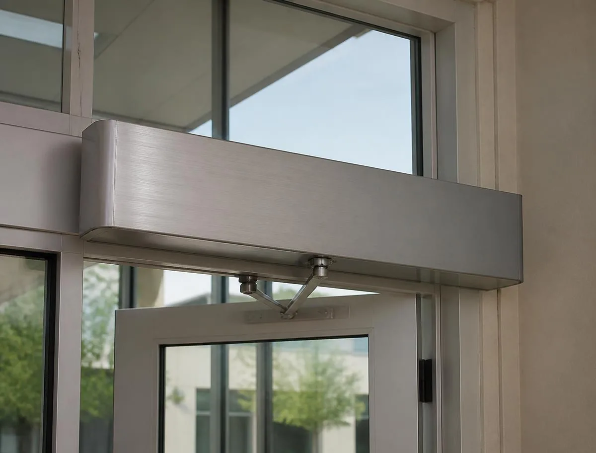 Low-energy automatic swing door operator housing above an aluminum commercial entrance
