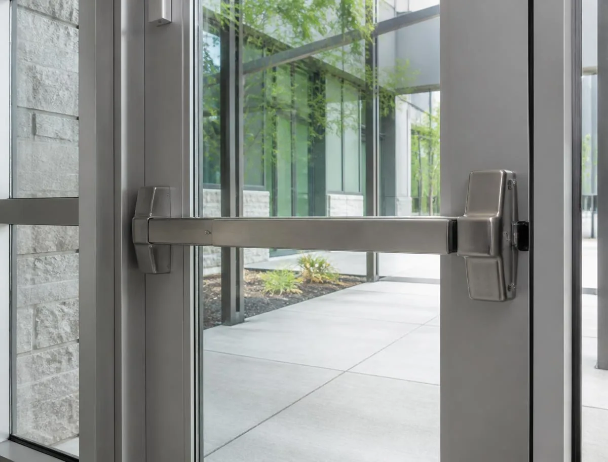 Stainless steel panic exit device mounted across an aluminum glass commercial egress door