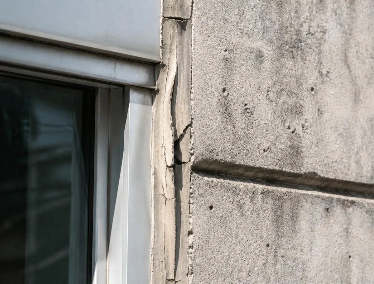 Cracked and split weathered sealant bead pulling away from an aluminum window frame and precast concrete facade