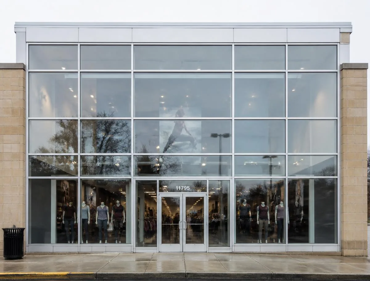 Standard framing, captured glass — American style commercial glazed facade