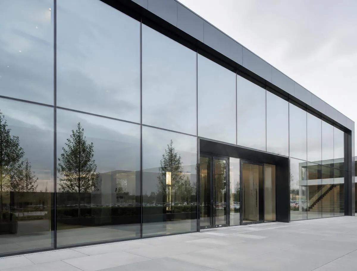 Slim sightlines, structural silicone — European style commercial glazed facade